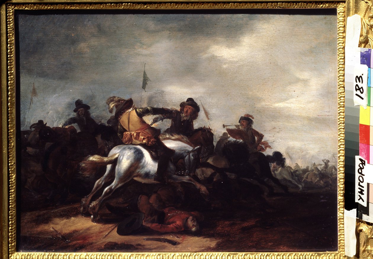 Bitva. Obraz Philipse Wouwermana (1619-1668). Olej na dřevě, 31 x 41 cm. Vlámské umění, barokní umění. Regionální muzeum umění, Užhorod (Ukrajina). od Philips Wouwermans or Wouwerman