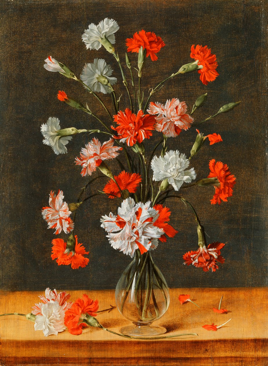 Karafiáty ve skleněné váze na kamenném stole, 1639 od Phillipe de Marlier