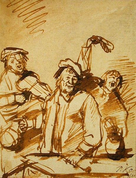 Tři veselí mladí muži, 1660 (pero a hnědý inkoust na papíře) od Phillips de Koninck