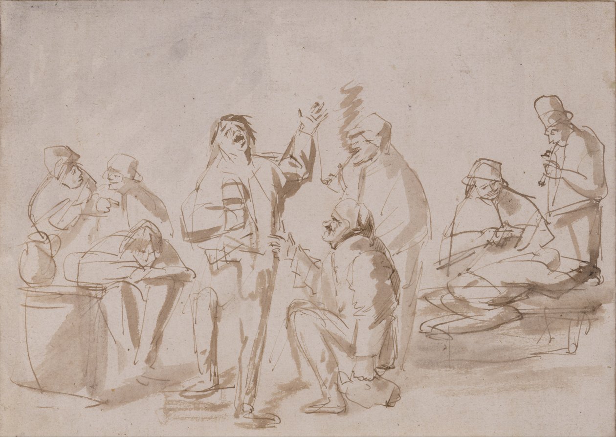 Rolníci v krčmě, cca 1662 (pero a inkoust s mytím na papíře) od Phillips de Koninck