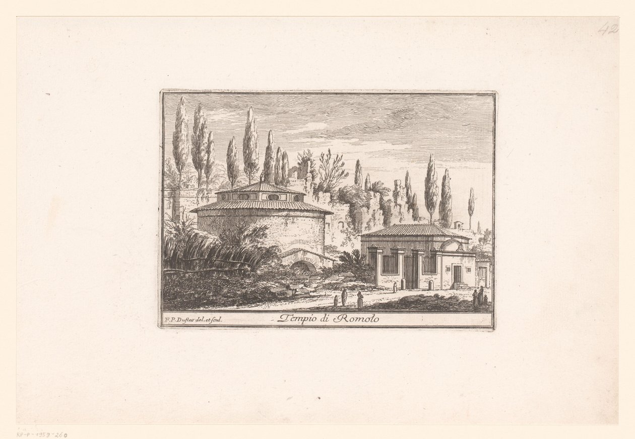 Pohled na Romulův chrám Tempio di Romolo (název na objektu) Pohledy na starověký a moderní Řím (název série) Varie Vedute di Roma Antica, e Moderna (název série) od Philothée Francois Duflos