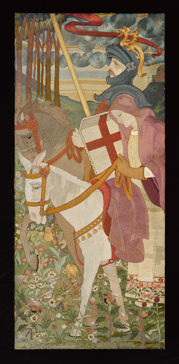 Svatý Jiří, Rytíř Červeného kříže na koni s Unou, 1907 (výšivka) (viz také 141950-51) od Phoebe Anna Traquair