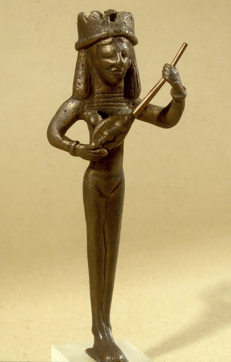 Figurka hráčky na loutnu vykopaná v Beit Shean, 7.-6. století před naším letopočtem (bronz) od Phoenician