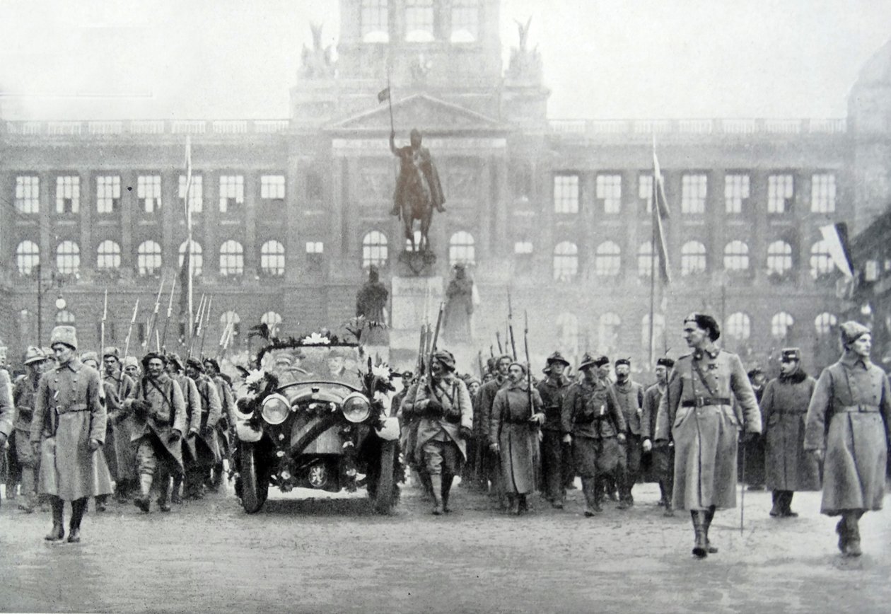 Česká vojska doprovázela prezidenta Tomáše Masaryka v Praze, 25. prosince 1918 (čb foto) od Photographer Czech