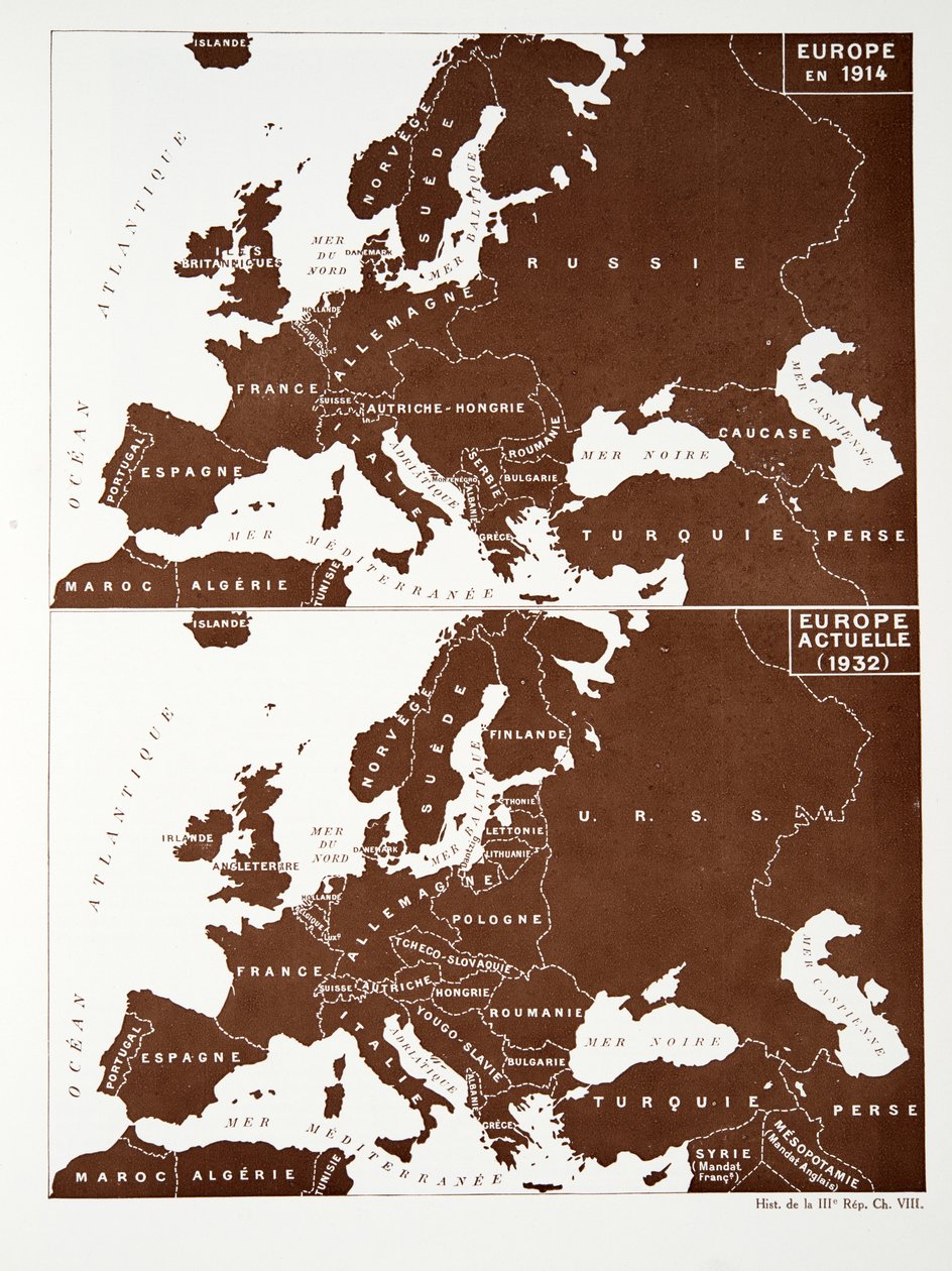 Mapa Evropy v roce 1914 a Evropy v roce 1932 z Histoire de la Troisieme Republique, sv. I, Politické dějiny, nakl. 1933 (barevné lito) od Photographer French