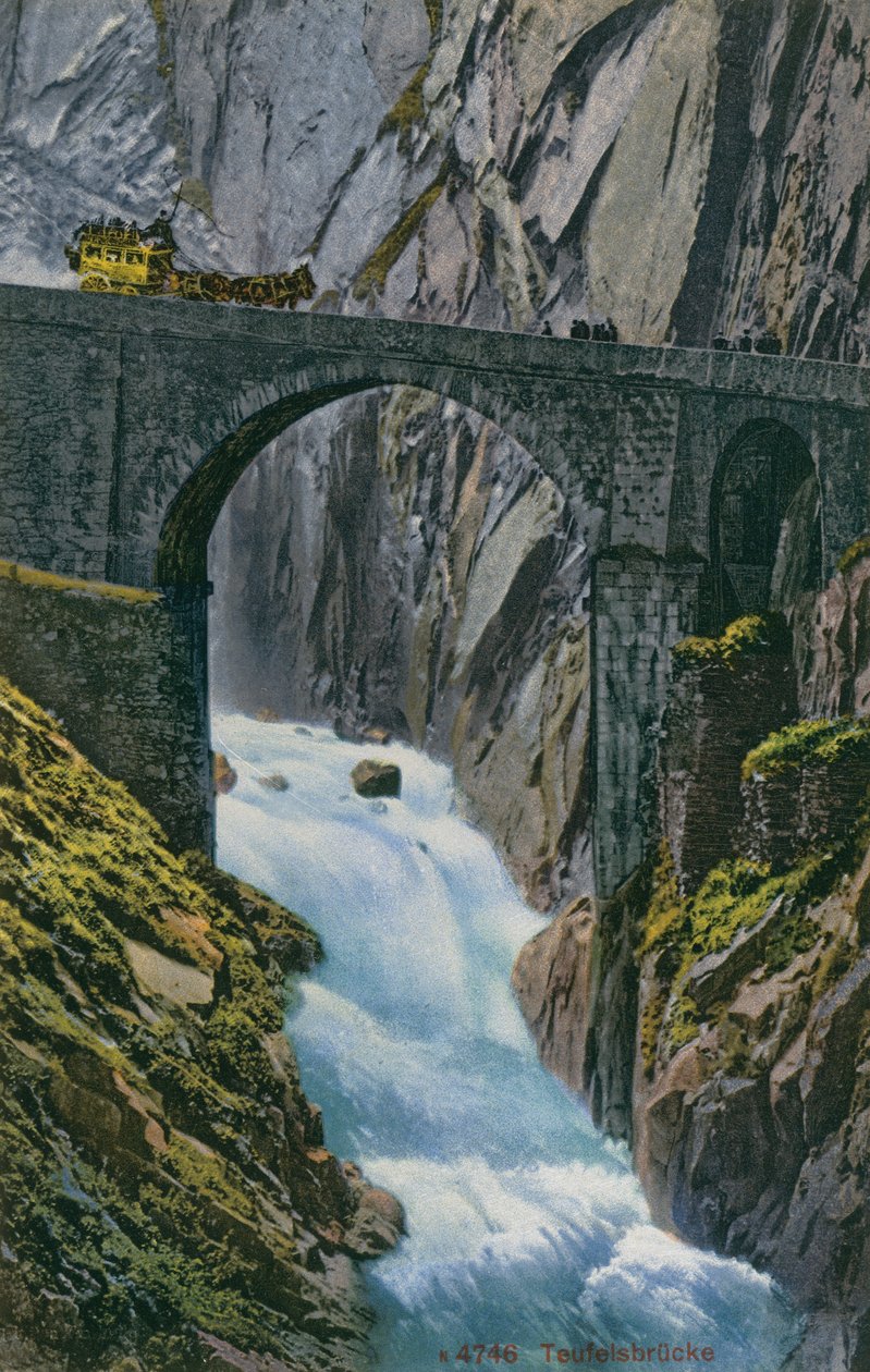 Přejezd kočáru přes Teufelsbrucke přes soutěsku Schollenen ve Švýcarsku. Pohlednice odeslaná v roce 1913. od Photographer Swiss