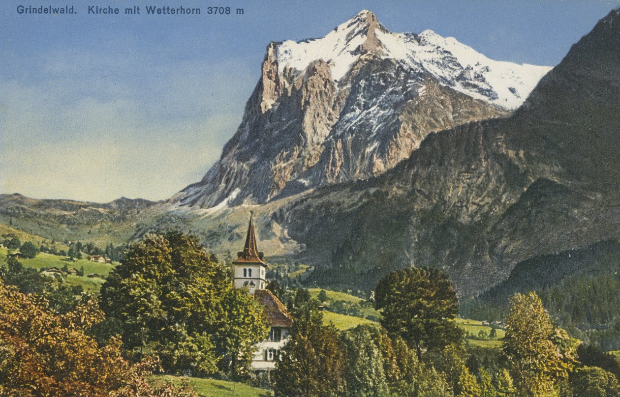 Grindelwaldský kostel a Wetterhorn, Švýcarsko (barevné foto) od Photographer Swiss