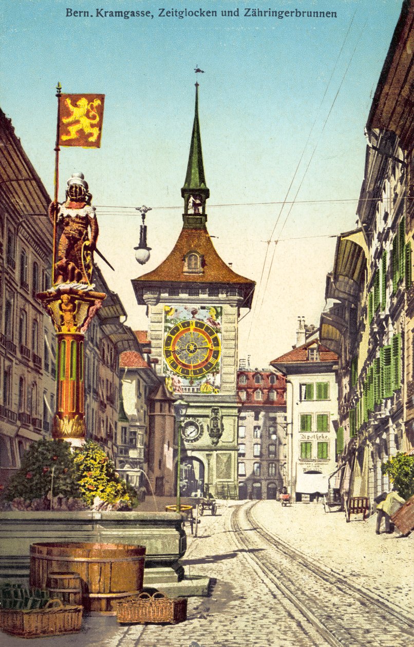 Hodinová věž Zytglogge a kašna Zahringerbrunnen, Kramgasse, Bern (barevné foto) od Photographer Swiss