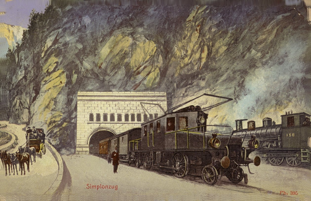 Vlak u vjezdu do tunelu Simplon (kolorovaná fotografie) od Photographer Swiss