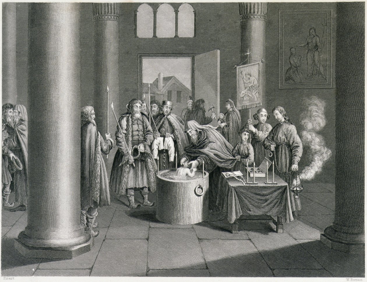Křest podle řecké církve v Rusku, vyrytý W. Forrestem, z 