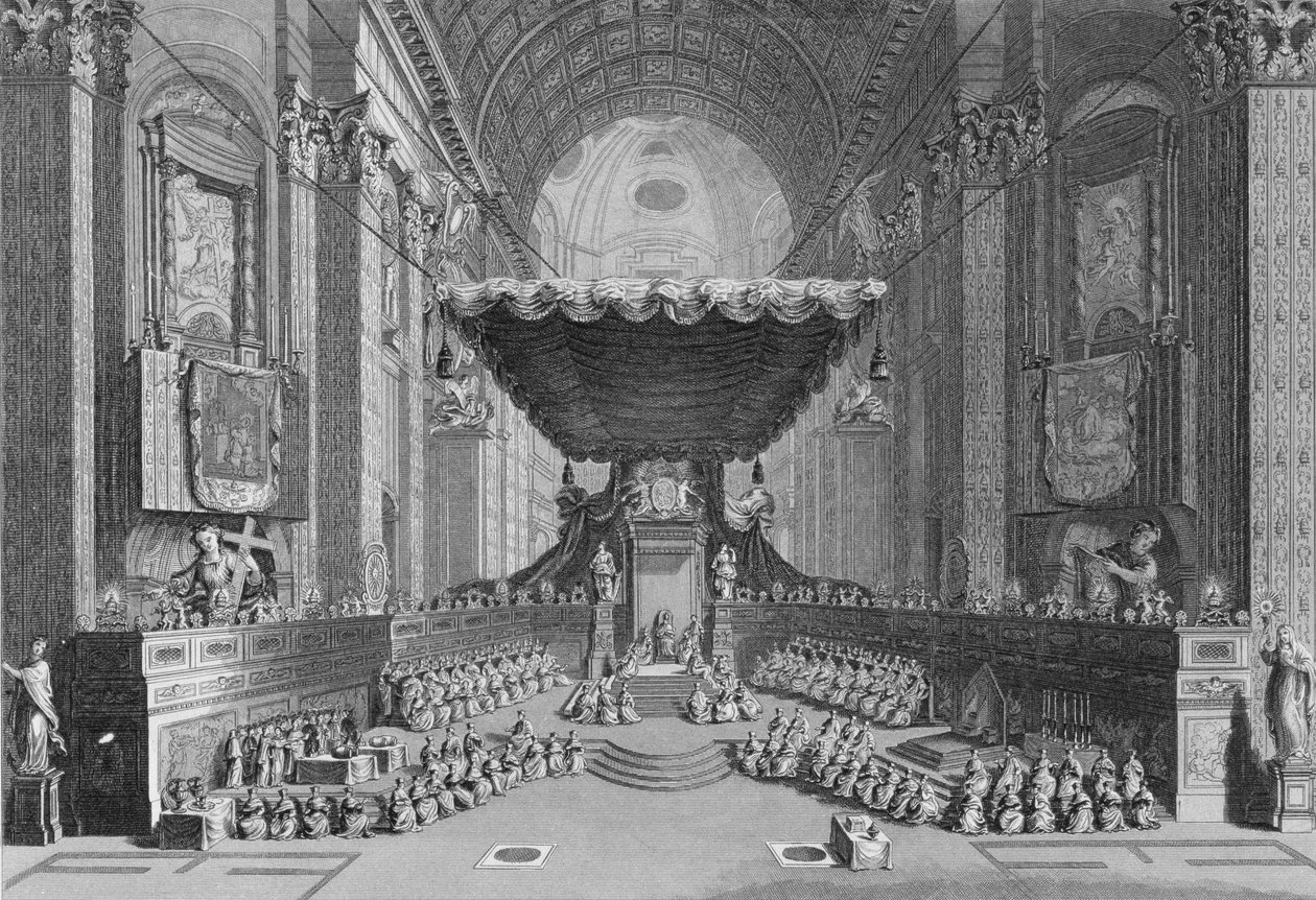Kanonizace svatých v kostele svatého Petra v Římě, v roce 1712, vyryl T. Brown, z „World Religion“, vydané A. Fullarton und Co. od Picart