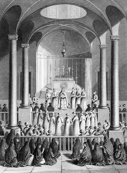 Uctívání podle arménské církve, vyryto T. Brownem, z „World Religion“, vydané nakladatelstvím A. Fullarton & Co. (rytina) od Picart (after)