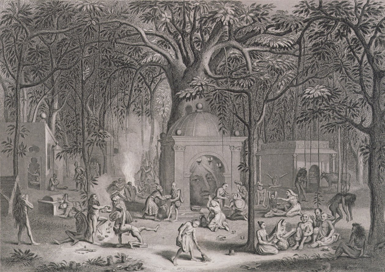 Hinduističtí fakíři praktikující své pověrečné obřady, vyryl Bell, z publikace World Religion, vydané nakladatelstvím A. Fullarton & Co. od Picart
