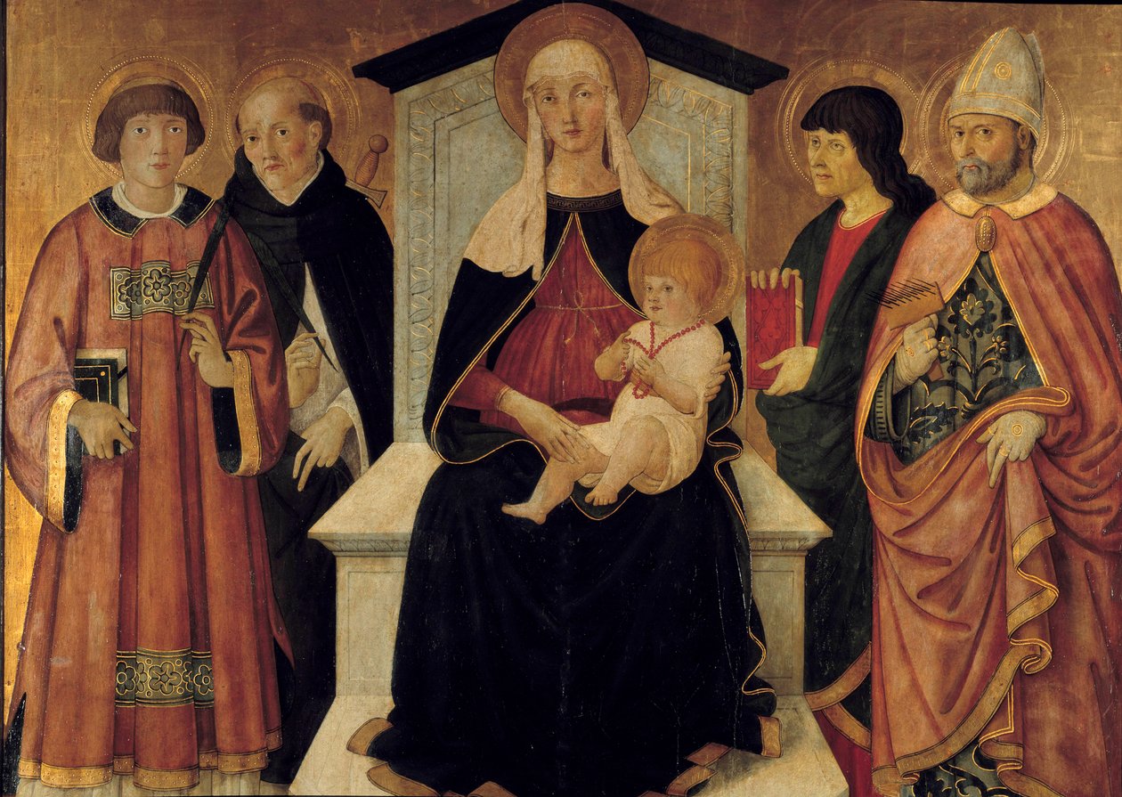 Panna a dítě Panna je obklopena svatým Laurentem jáhnem, svatým Petrem, svatým Janem, svatým Blaise de Sebaste. Oltářní obraz od Piera Francesca Fiorentina (činný kolem 1475-1500) 1490. Sun. 132x143m. Avignon, Musee du Petro Palais od Pier Francesco Fiorentino