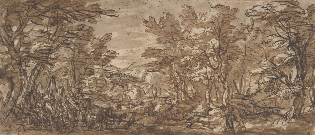 Lesní scéna, zastavení vlevo, hon uprostřed, 1612-66. od Pier Francesco Mola