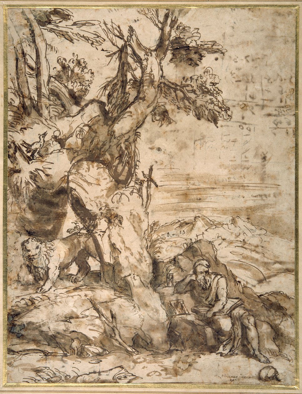 Svatý Jeroným čte v divočině, po Tizianovi (asi 1488-1576) (rákosové pero a hnědý inkoust s hnědým omytím na krémovém papíře) od Pier Francesco Mola