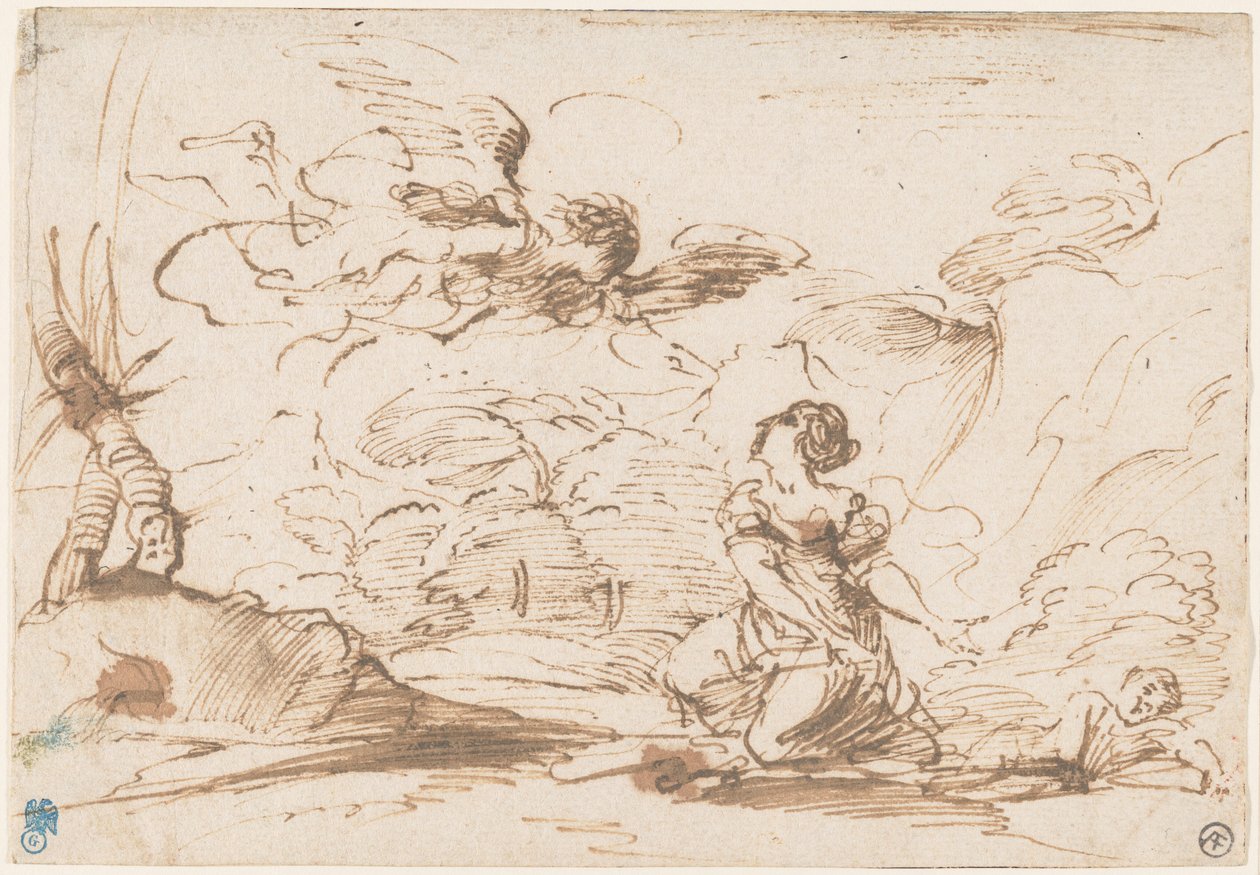 Anděl zjevující se Hagar a Izmaelovi na poušti, asi 1645 (pero a hnědá tuš s hnědou lazurou na křídovém papíře) od Pier Francesco Mola