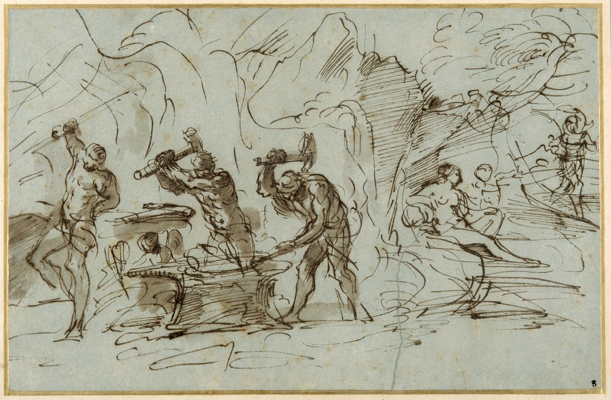 The Forge of Vulcan (pero a inkoust s mytím, zvýrazněný kvašem na papíře) od Pier Francesco Mola