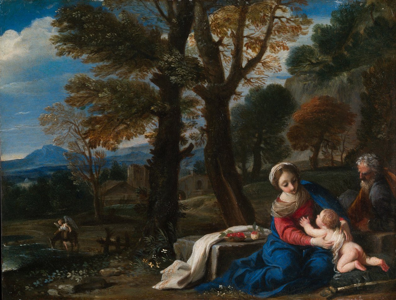 Zbytek na útěku do Egypta, kolem roku 1645 (olej na mědi) od Pier Francesco Mola