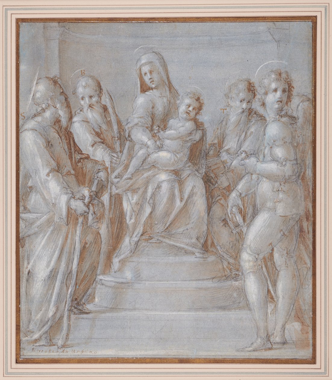 Panna a dítě na trůnu se svatými, kolem 1525 (pero a hnědý inkoust a omýt černou křídou) od Pier Francesco & Puligo Domenico (1492 1527) Foschi