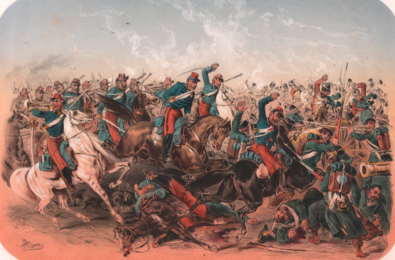 Bitevní scéna, Krymská válka, barevná litografie, 29x20 cm, z Episodes de la guerre d