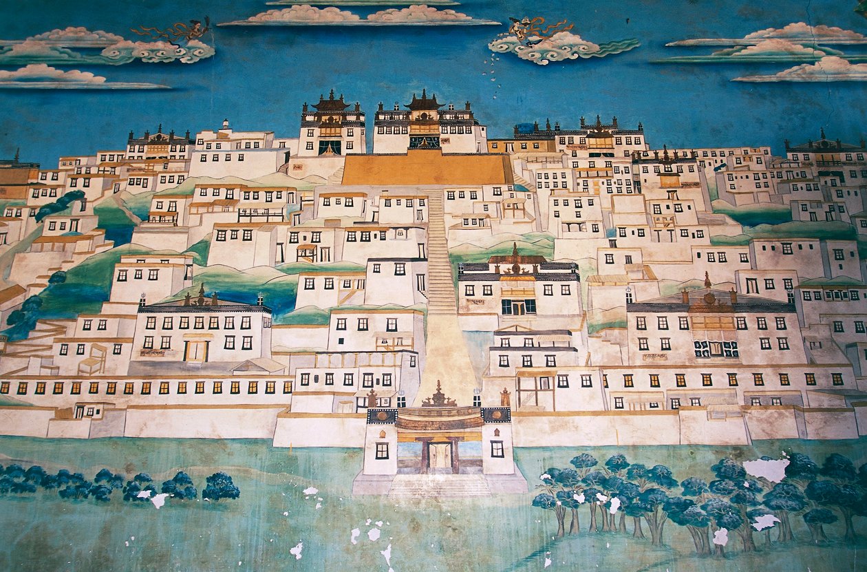 Freska zobrazující město v klášteře Ganden Sumtsenling (gompa), Zhongdian (v tibetském Gjalthangu, přejmenovaném v roce 2001 na Shangri-La čínskou vládou za účelem podpory cestovního ruchu v této oblasti tibetské náhorní plošiny), provincie Yunnan, Čína od Blaise Nicolas Le Sueur