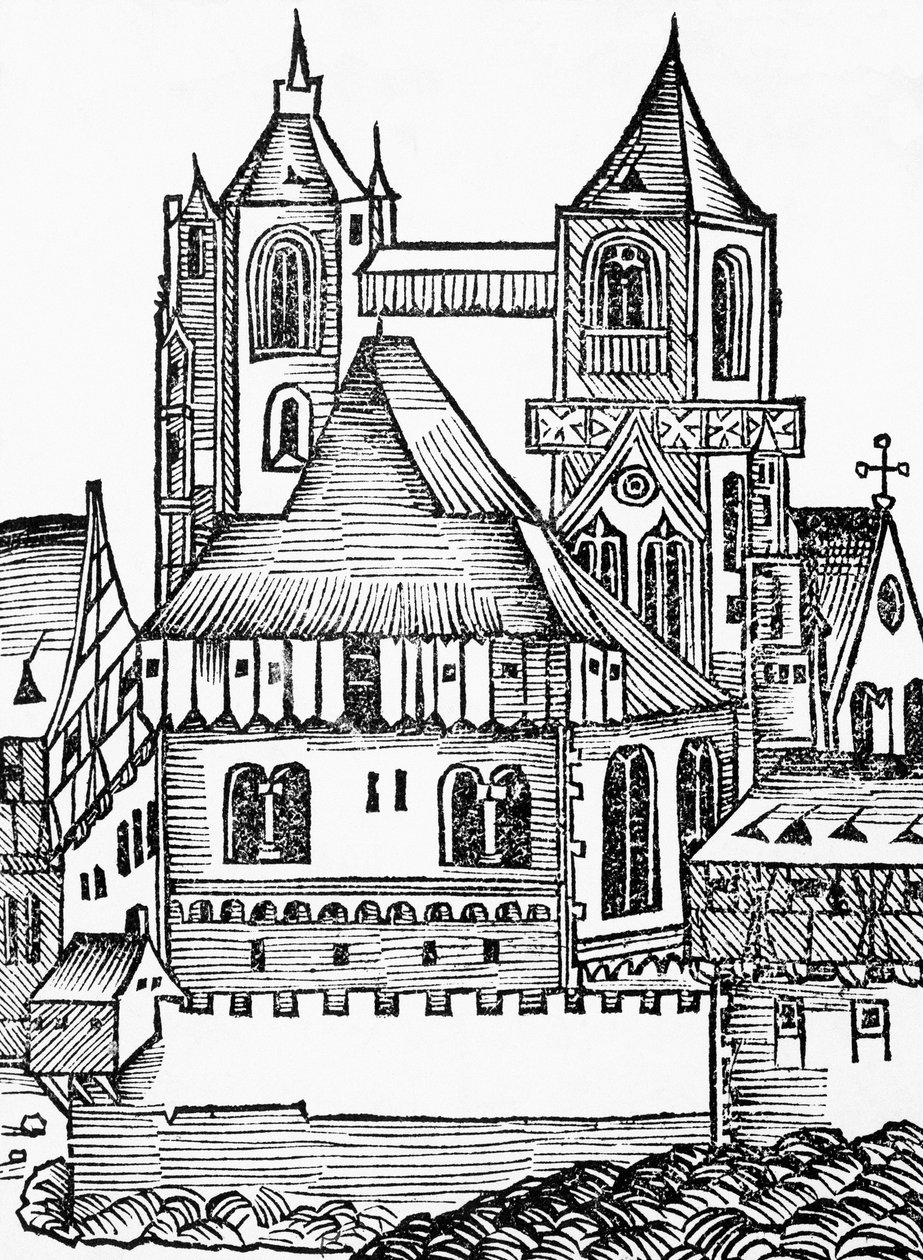 Opatství Montecassino, německý dřevoryt, z Norimberské kroniky (Liber Chronicarum) od Hartmanna Schedela od Blaise Nicolas Le Sueur