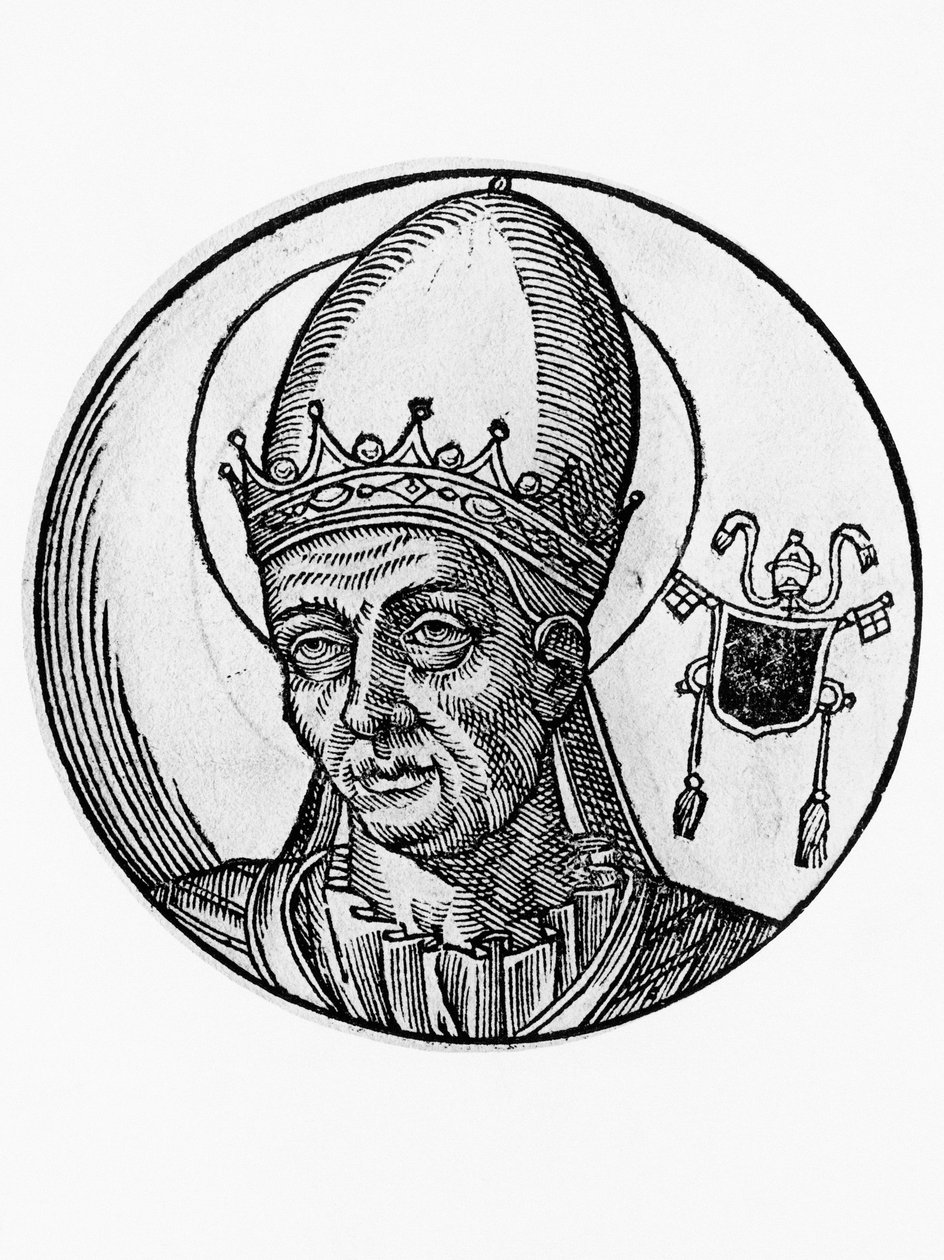 Portrét Benedikta I. (Benedictus Bonosus, zemřel 579), 62. papež katolické církve z roku 575, rytina od Blaise Nicolas Le Sueur
