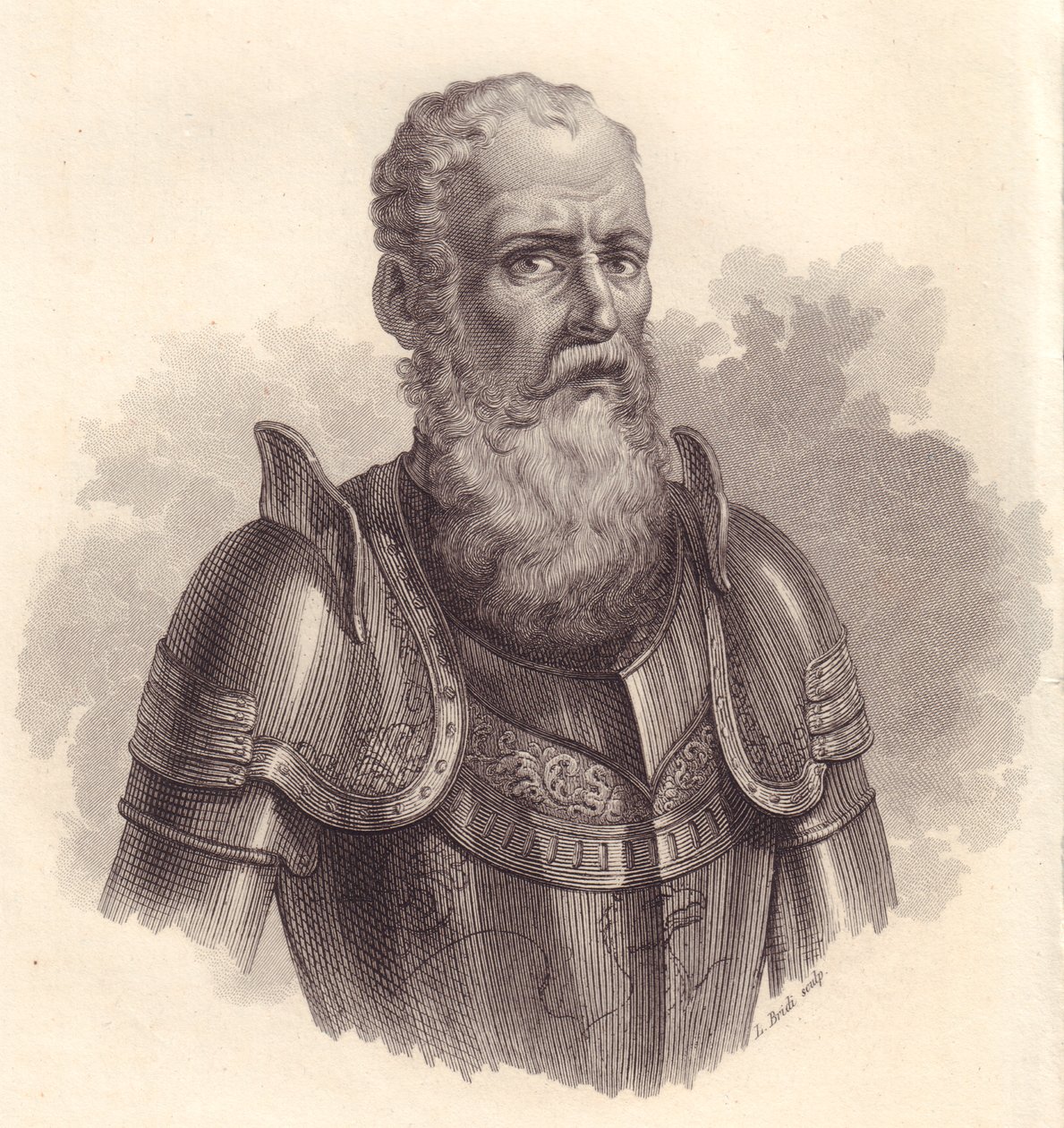 Portrét italského vojevůdce Ezzelino III da Romano nebo Ecelino da Romano (1194-1259), mědirytina od Blaise Nicolas Le Sueur