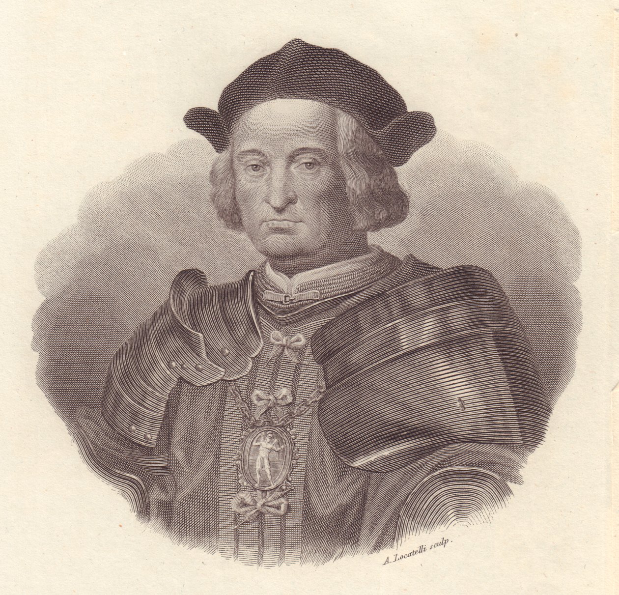 Portrét italského vojevůdce a politika Gian Giacomo Trivulzio (1440-1518), mědirytina od Locatelliho od Blaise Nicolas Le Sueur