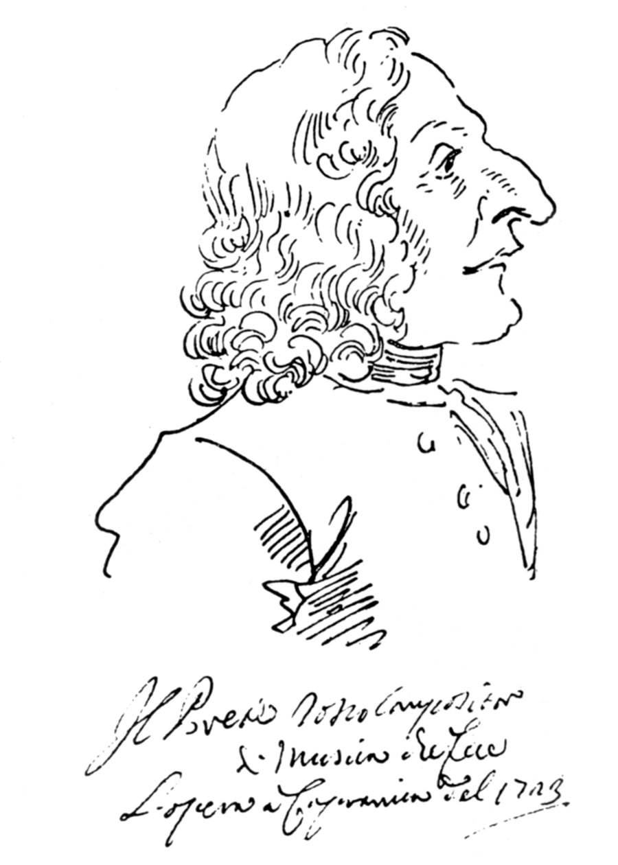 Karikatura skladatele Antonia Vivaldiho, 1723 od Pier Leone Ghezzi