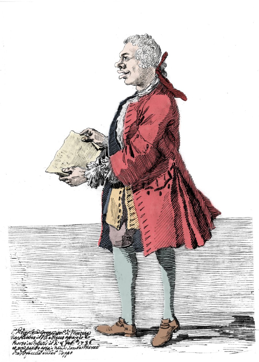 Cartoon Giovanni Battista Pergolesi (Jean Baptiste Pergolese, Jean-Baptiste) (1710 - 1736). Kresba Pier Leone Ghezzi (1674 - 1755), která uvádí, že skladatel trpěl handicapem jedné nohy a kulhal. 1736. od Pier Leone Ghezzi