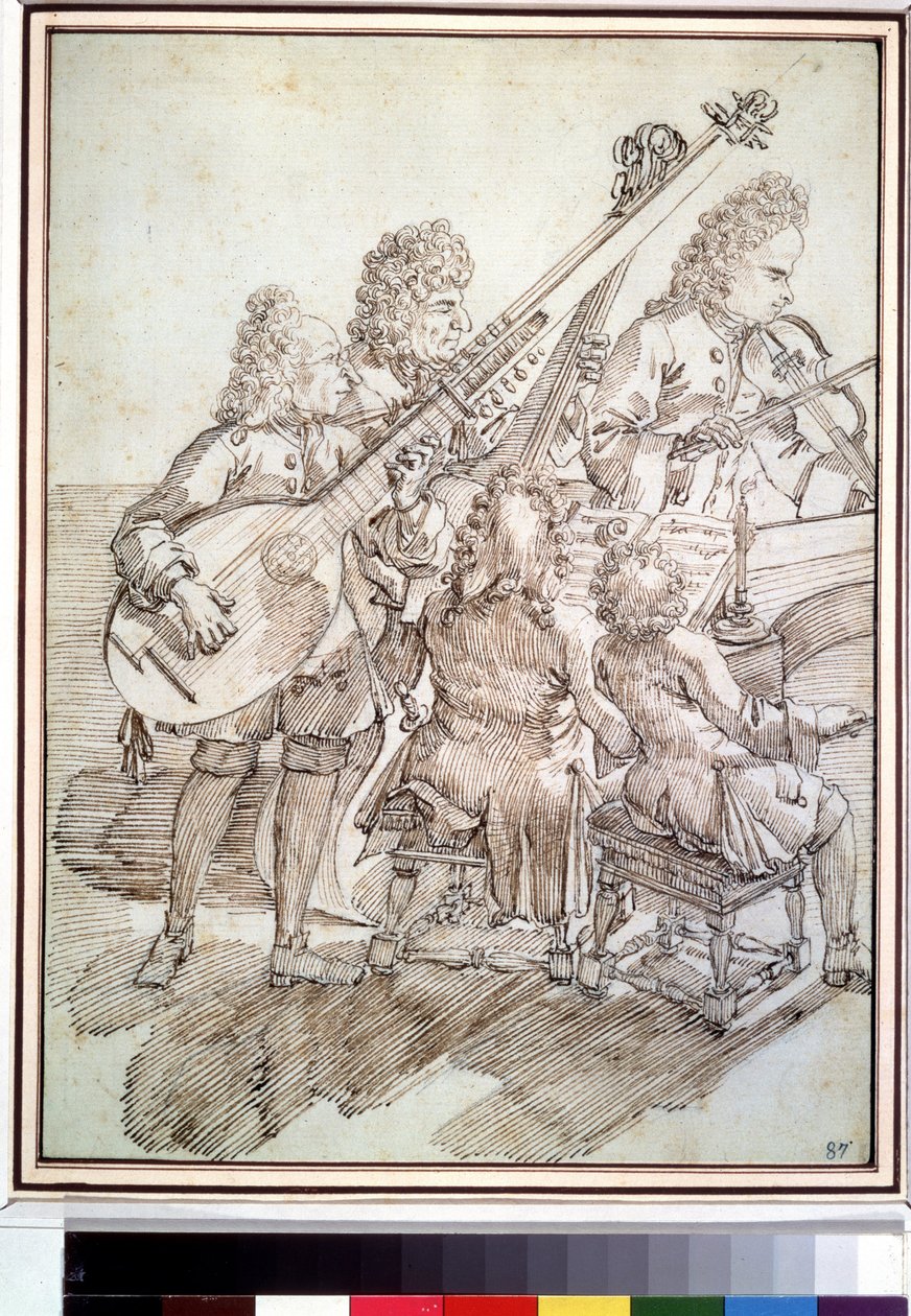 "Koncert"" Karikatura představující koncert pěti hudebníků (kvintet) na loutnu, housle, klavír, violoncello. Kresba perem a tuší Pier Leone Ghezzi (1674-1755) Puškinovo muzeum z 18. století, Moskva od Pier Leone Ghezzi
