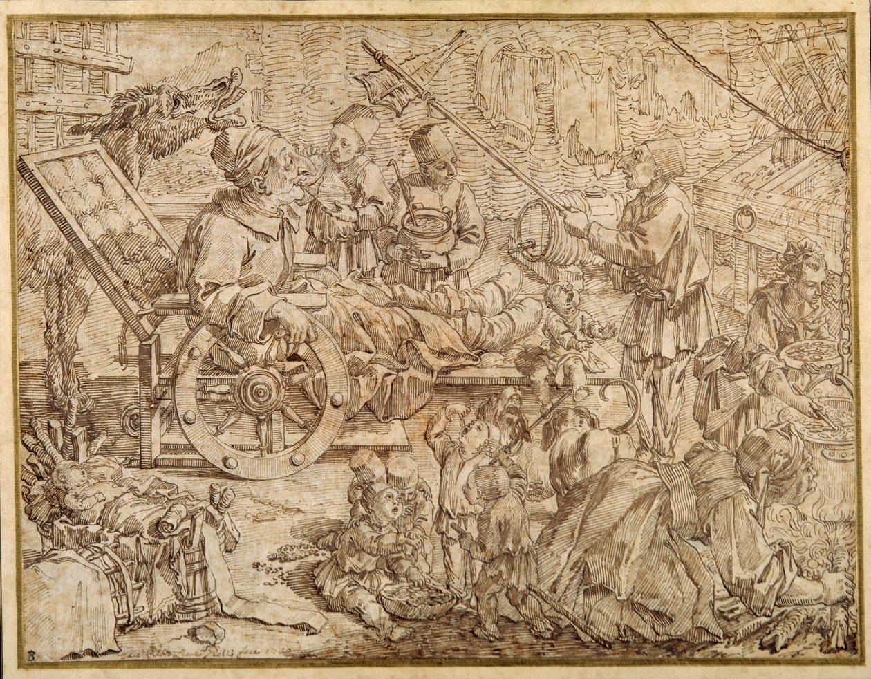 Polcinello zneplatněný dnou (pero a inkoust na papíře) od Pier Leone Ghezzi