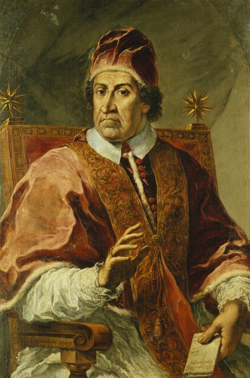 Portrét papeže Klementa XI., sedícího napůl dlouhého, v papežském rouchu, držící dopis, od Pier Leone Ghezzi