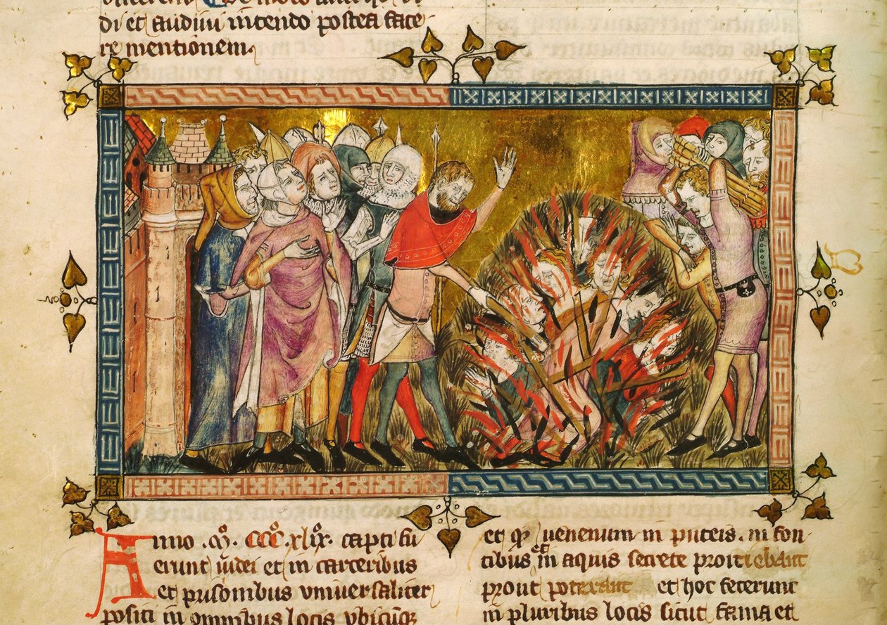 Upálení Židů v roce 1349. Miniatura z: Tractatus Quartus od Gillese de Muisita, ca. od Pierart dou Tielt