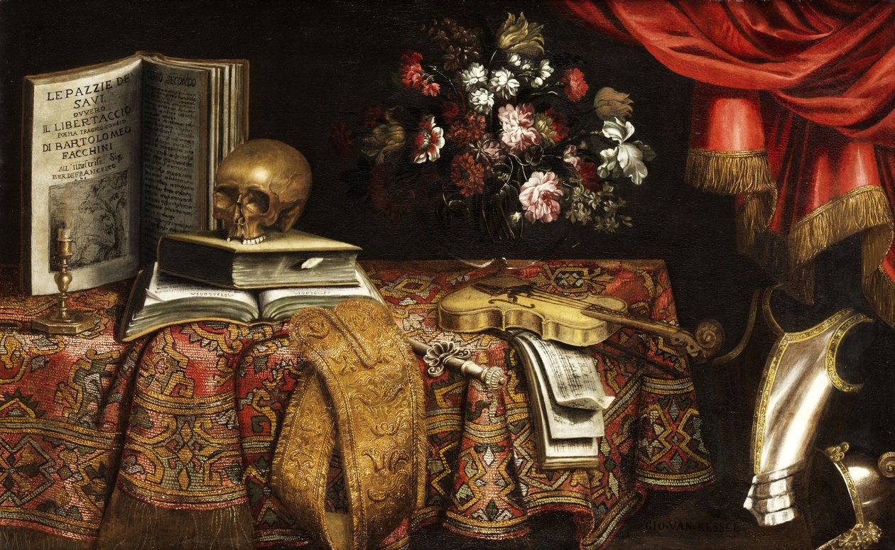 Zátiší Vanitas s houslemi, hudební knížkou, vázou na květiny a lebkou od Pierfrancesco Cittadini