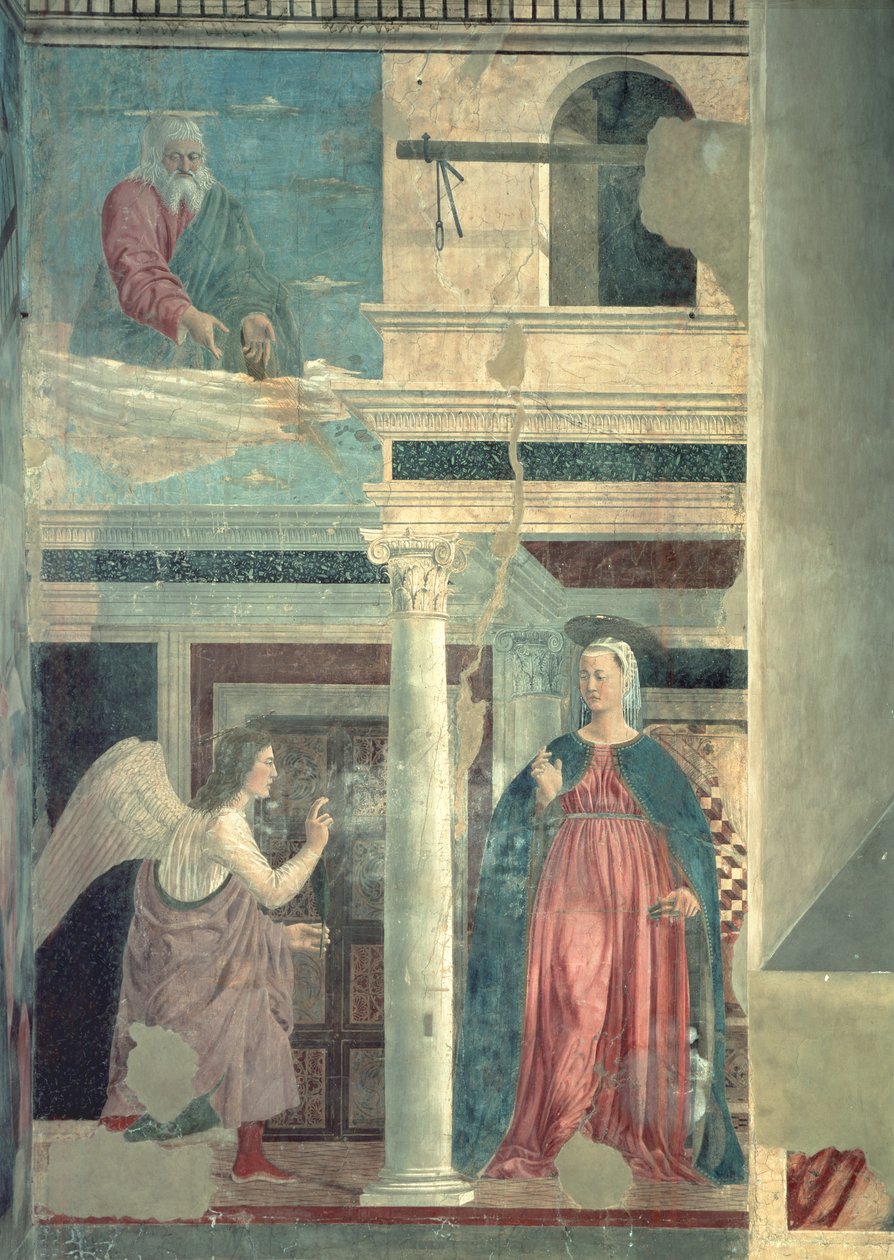 Zvěstování z Pravého křížového cyklu, dokončeného roku 1464 od Piero della Francesca
