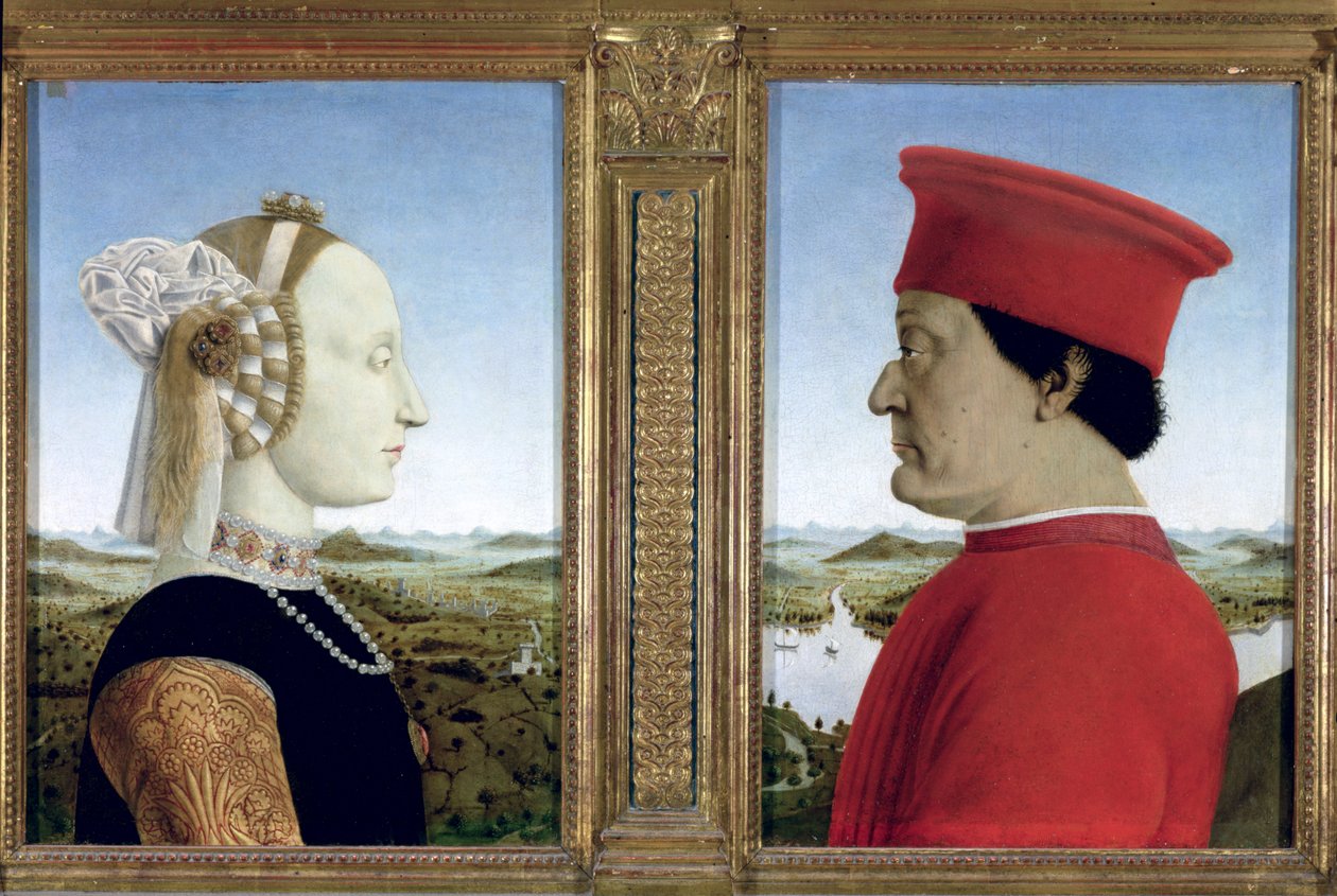 Portréty vévody Federica da Montefeltro (1422-82) a Battisty Sforzy, kolem roku 1465 (tempera na panelu) (viz také 95420) od Piero della Francesca