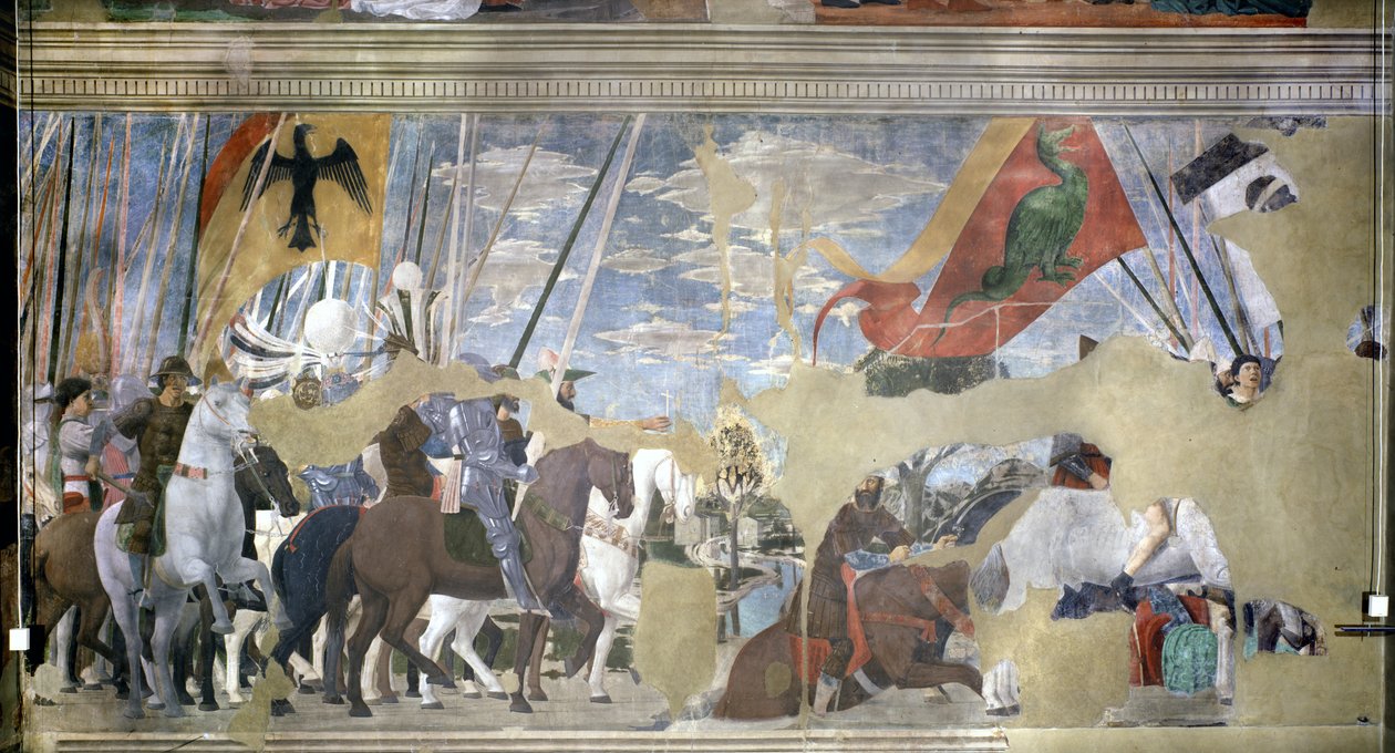 Bitva u Milvijského mostu, 312 našeho letopočtu, z Legendy o pravém kříži, dokončená v roce 1464 od Piero della Francesca