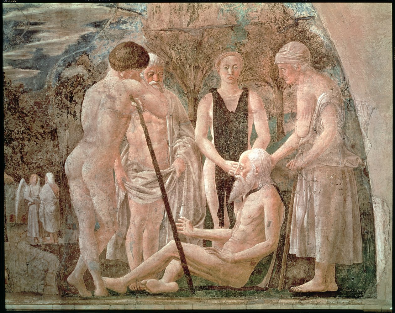 Smrt Adama, z cyklu Legenda o pravém kříži, dokončena roku 1464 od Piero della Francesca
