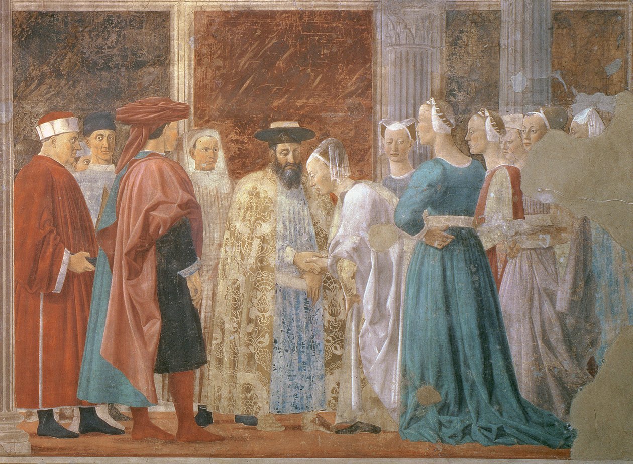Přijetí královny ze Sáby od krále Šalamouna c.1015-977 z cyklu Legenda o pravém kříži, dokončeno 1464 detailů fresky z roku 109786 od Piero della Francesca