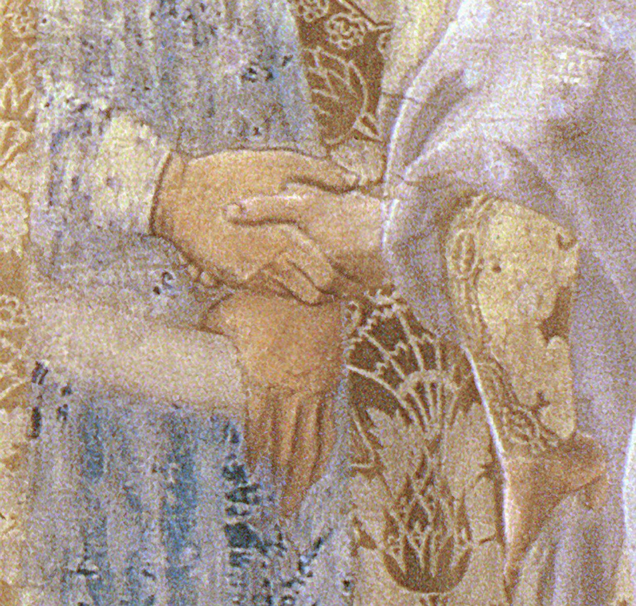 Přijetí královny ze Sáby od krále Šalamouna c.1015-977 z cyklu Legenda o pravém kříži, detail rukou, dokončeno 1464 detailů fresky z roku 109786 od Piero della Francesca