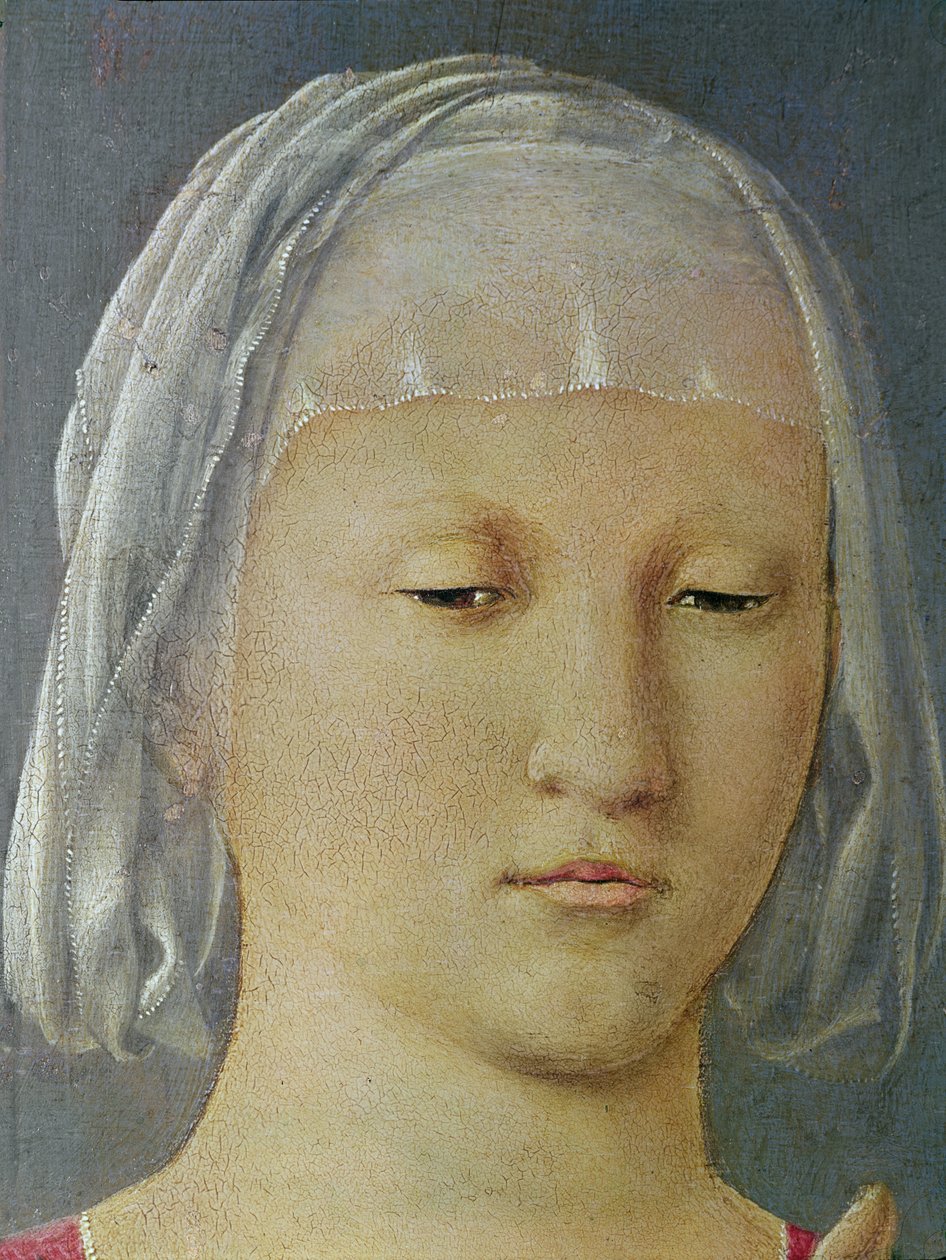 Panna a dítě mezi dvěma anděly, známá jako Madona ze Senigallie detail hlavy Panny Marie, kolem roku 1472 olej na dřevě od Piero della Francesca