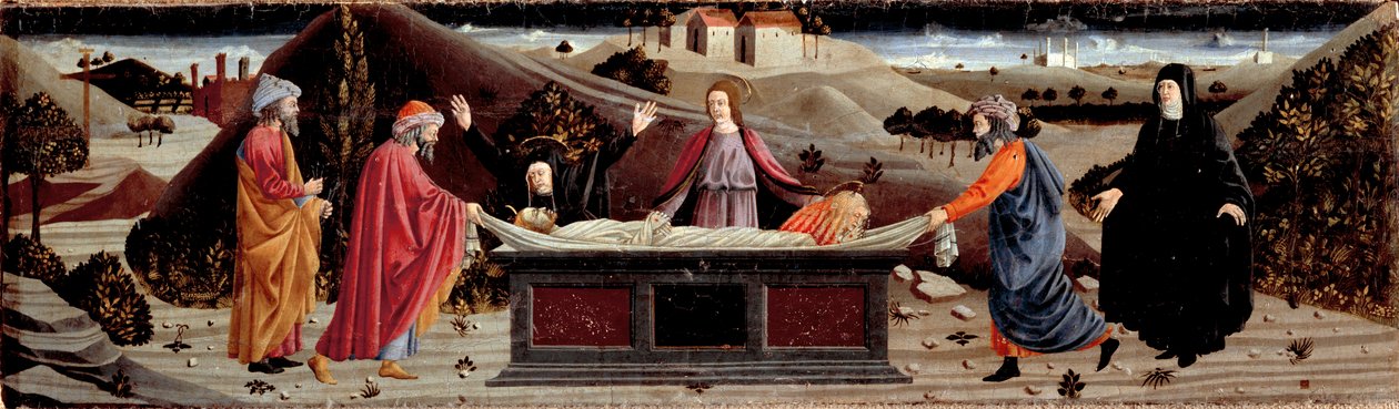Polyptych Misericordia: kolem těla Ježíše Krista: Svatý Jan, Panna Maria, Svatá Máří Magdalena, Svatý Josef z Arimatie a Svatá Nikodéma od Piero della (school of) Francesca