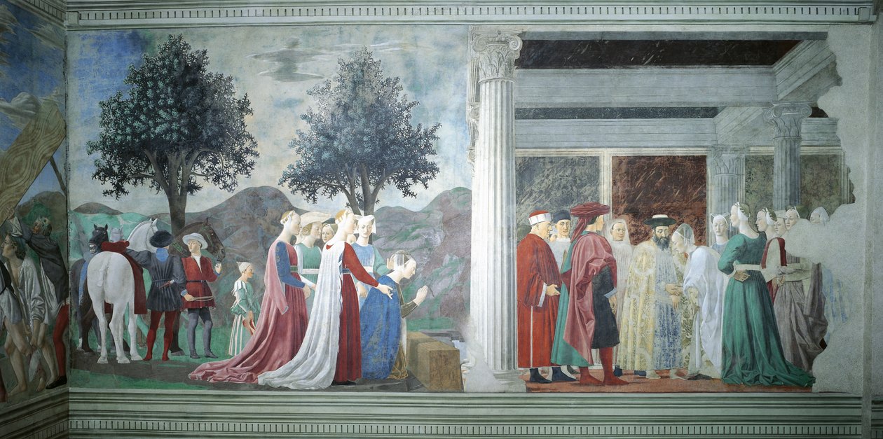 Detail z Legendy o pravém kříži zobrazující klanění posvátnému dřevu a setkání královny ze Sáby a krále Šalamouna, Piero della Francesca od Piero della Francesca
