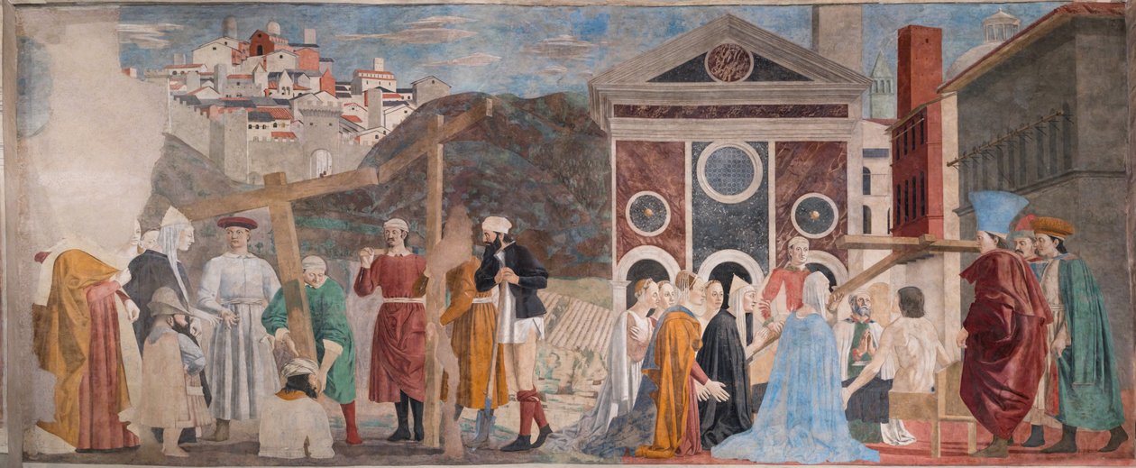 Nalezení tří křížů a ověření kříže, z příběhů o pravém kříži (freska) od Piero della Francesca