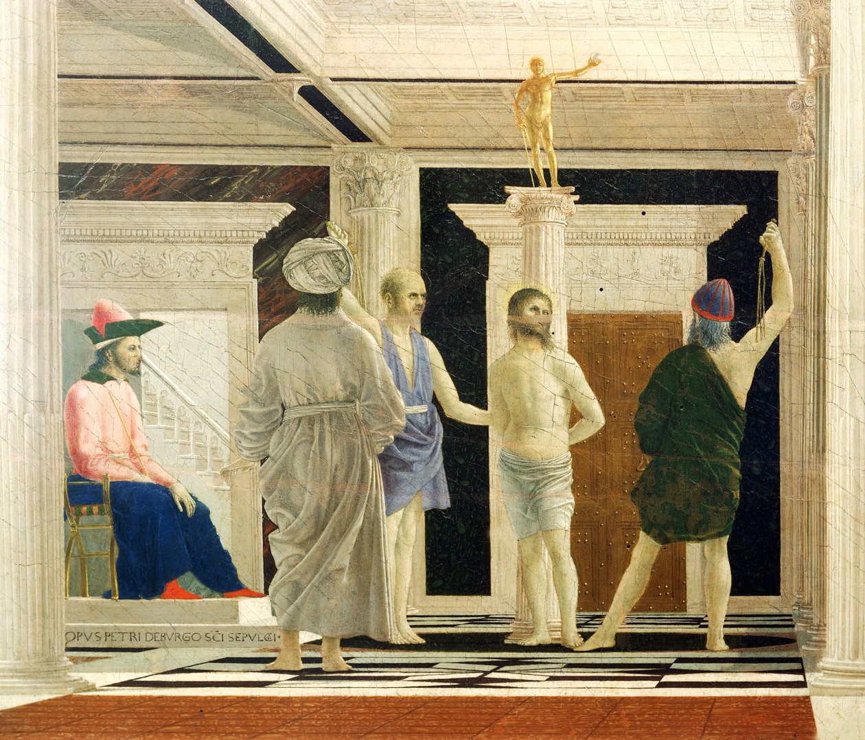 Bičování Krista od Piera della Francesca (1412-1492), Tempera na panelu, 58x81,5 cm, detail od Piero della Francesca