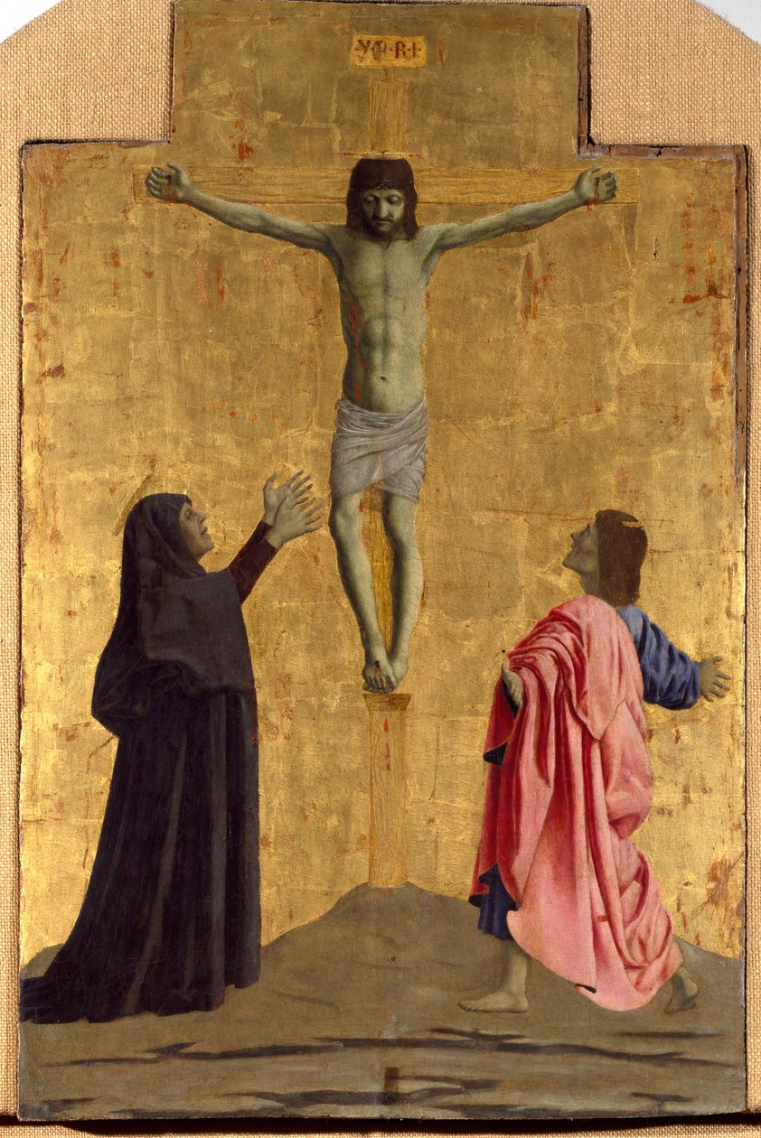 Polyptik z Misericorde: Panna z Misericorde, obklopená svatými. Detail znázorňující ukřižování s nápisem „“ INRI““ na kříži Dřevomalba od Piera della Francesca (1415/20-1492) 1445-1460 Rozm. 81x52,5 cm Sansepolcro, Pinacoteca C od Piero della Francesca