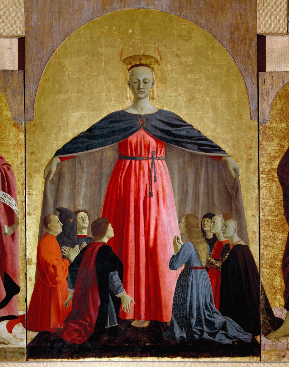 Polyptik z Misericorde: Panna z Misericorde, obklopená svatými. Detail zobrazující Pannu Marii. Malba na dřevě od Piera della Francesca (1415/20-1492) 1445-1460 Rozm. 134x91 cm Sansepolcro, Pinacoteca Comunale od Piero della Francesca